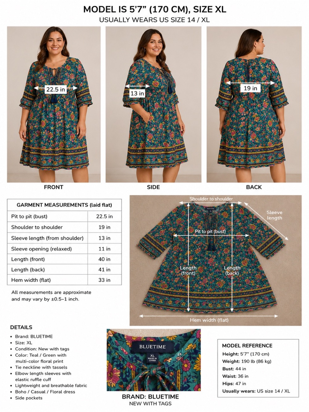 Bluetime Teal & Green Floral Midi Dress with Tassel Tie